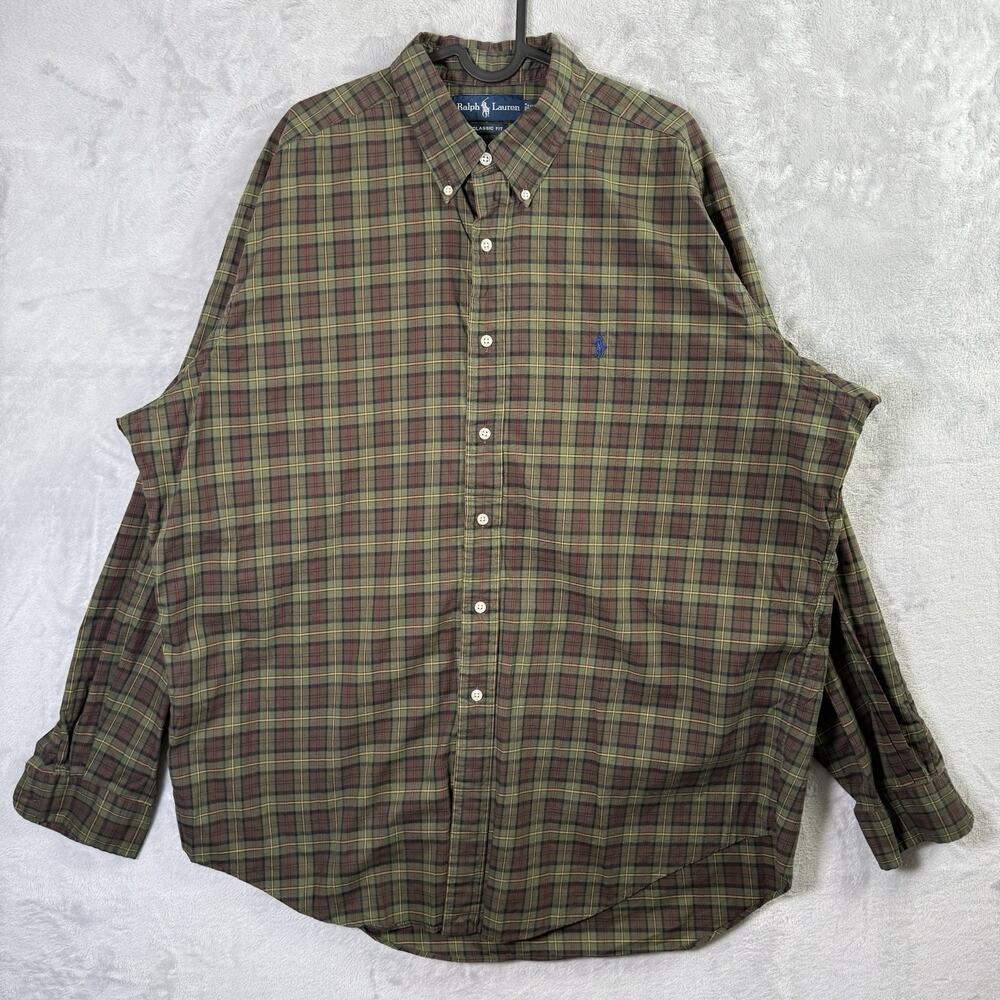 Ralph Lauren Classic Fit Plaid Shirt Men's XL Long Sleeve Green/Brown Granola